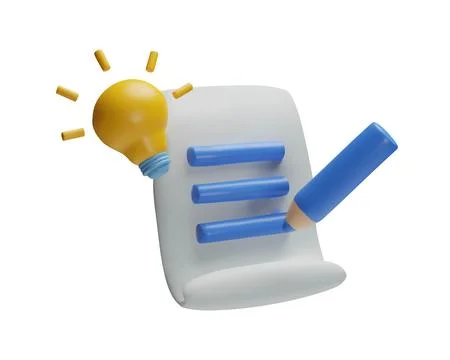 3d yellow light bulb, blue pencil, sheet of paper with notes. Stock Illustration