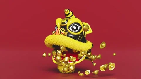 3d yellow lion dance head with chinese gold ingot for festive chinese new y.. Stock Footage 261382093