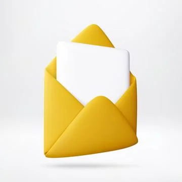 3D Yellow open envelope with white paper card Illustrazione stock