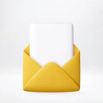 3D yellow open envelope with white paper card Ilustração Stock