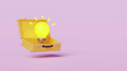 3d yellow open suitcase with light bulb isolated on pink background. summer.. Stock Footage 262503741