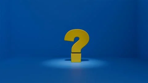 3d yellow question mark in a blue room in the colors of the Ukrainian flag Illustrazione stock