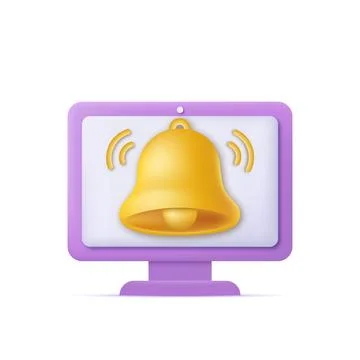 3d yellow ringing notification bell on monitor. Vector Stock Illustration
