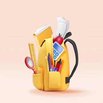 3D Yellow school backpack with stationery Illustrazione stock