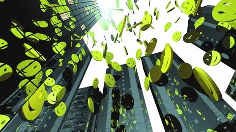 3D Yellow smiling balls falling on a background buildings Stock Footage 80326502