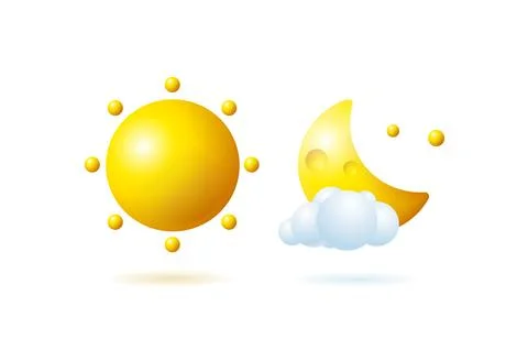 3d Yellow Sun with Rays and Crescent Moon Set Forecast Concept Cartoon Design Stockillustratie