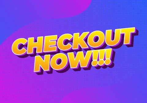 3d yellow text checkout now!!! on vibrant purple blue gradient with halfton.. Stock Illustration