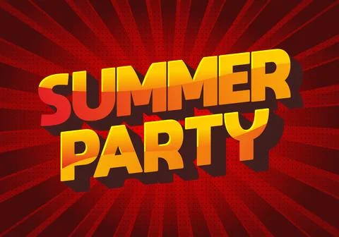 3d yellow text reading SUMMER PARTY on a red radial burst background, comic.. Stock Illustration