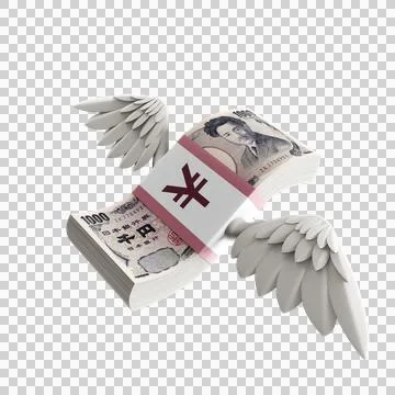 3D Yen Stack with Wings (PNG Background) Stock Illustration