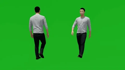 3d young asian man on green screen walking in store with 2 different views Video stock 201737434