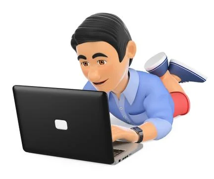 3D Young man in shorts lying down with a laptop Stock Illustration