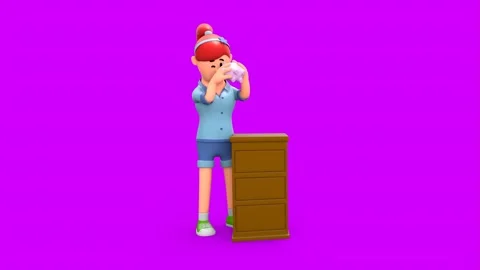3D Young Redhead Woman Checking Piggy Bank Shaking And Peeking Vidéo 266772306