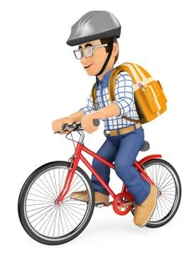 3D Young student going to school by bike Stock Illustration