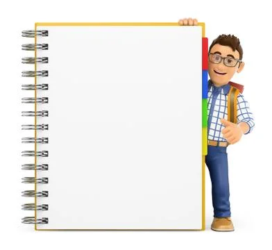 3D Young student with a huge blank notepad Stock Illustration