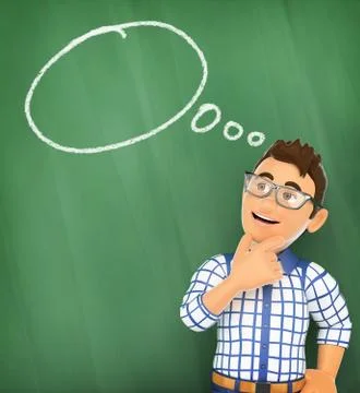 3D Young student thinking with a blank bubble speech on a chalk Stock Illustration