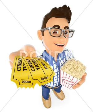 3D Young teen with movie tickets and popcorn Stock Illustration