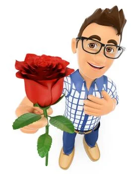 3D Young teenager giving a red rose with hand on heart. Love concept Stock Illustration