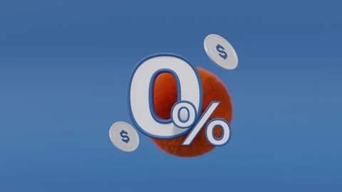 3D Zero Percent Icon with Gold Coins and Orange Furry Geometric Shape on Blue Video stock 339634357