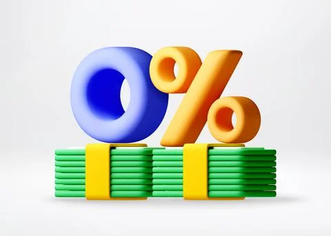 3D Zero percent interest symbol on stack of money Illustrazione stock