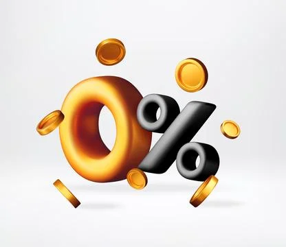 3D Zero percent sign with floating gold coins. Ilustração Stock
