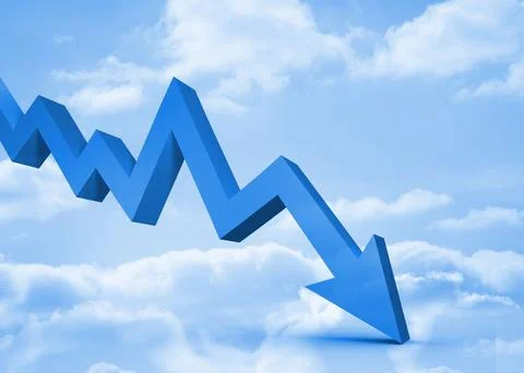 3D zigzag arrow is descending through light blue sky in digital illustration Stock Illustration