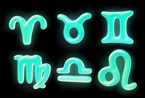 3D zodiac signs vector set. Neon aquamarine color glowing horoscope symbols T Stock Illustration