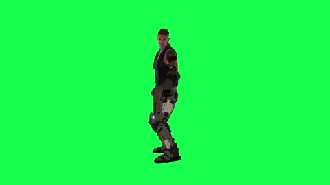 3D zombie warrior man pulls out his gun and shoots from right angle on the green Stock Footage 247813463