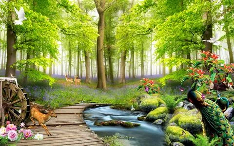 3d,Nature,Forest,And,Animals,Wallpaper イラスト素材