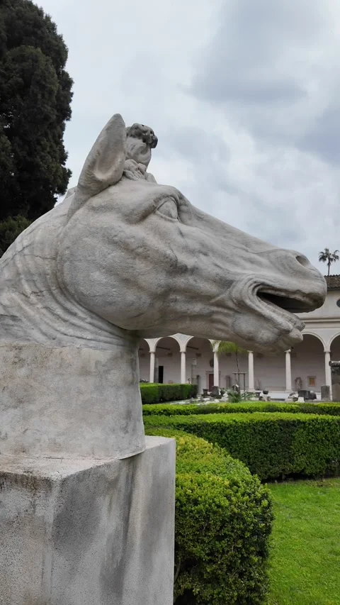 3K Vertical Slow Motion Detail Of Durer Inspired Horse Marble Sculpture Stock-Footage 332873236