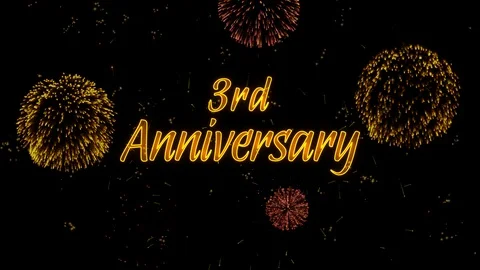 3rd Anniversary Greeting text with particles, colored fireworks, sparks Stock Footage 99056487