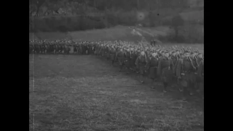 3rd Bn, 5th U.S. Marines pass before Maj Lejeune and Brig Kilbourne 1918-1919 Stock Footage 98954041