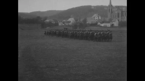 3rd Bn, 5th U.S. Marines pass before Maj Lejeune and Brig Kilbourne 1918-1919 Stock Footage 98954043