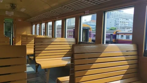 3rd Class Seat on the Train. Inside an Empty Retro Passenger Train in Thailand. Stock Footage 216381615