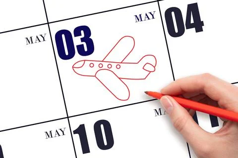 3rd day of May. A hand drawing outline of airplane on calendar date 3 May. Th Stock Photos
