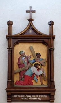 3rd Stations of the Cross, Jesus falls the first time Stock Photos