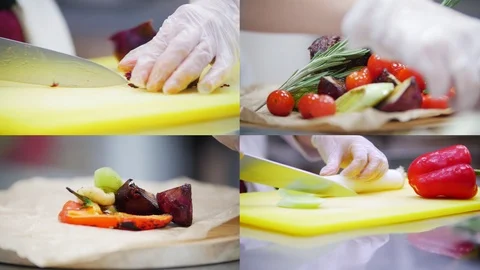 4 in 1: decorating grilled ribs with vegetables Stock Footage 101295772
