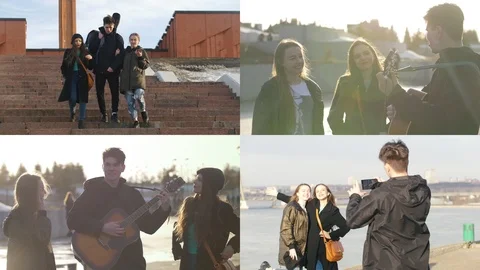 4 in 1: Friends walking on the waterfront in the city Stock Footage 110923371