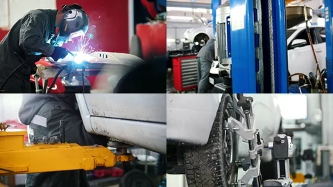 4 in 1: Industrial concept - working on in the car repair shop Stock Footage 110917229