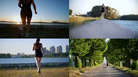 4 in 1: jogging. young athletic woman running in the morning. Stock Footage 101292790