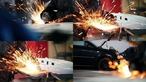 4 in 1: Production process - polishing machine - metal processing in car service Stock Footage 110914833