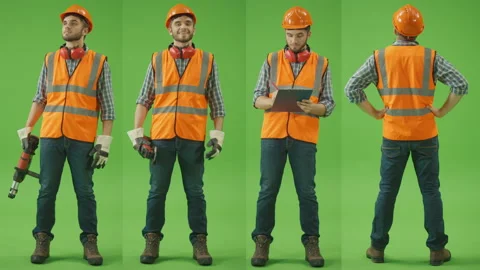 4-in-1 Split Green Screen. Young Builder in Hardhat, Headphones Using Work Tool Stock Footage 224776581