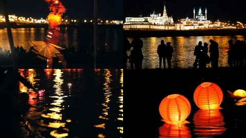 4 in 1: Square floating lighting Lanterns on river at night - romantic festival Stock Footage 110919416