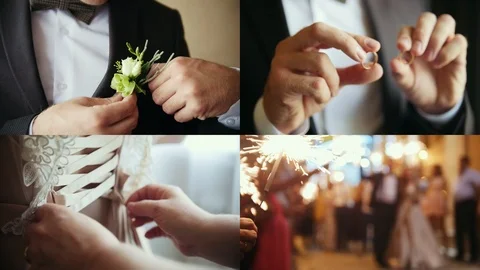 4 in 1: A wedding process. The bride putting on the corset, a young man groom Stock Footage 110914491