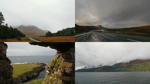 4 in 1: Winding road in the mountains, landscape on a cloudy day - sea caves Stock Footage 110920094