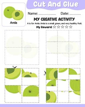 4 to 9 Piece Amla Puzzle: Cut and Glue Vector Worksheet with Ref, Name Date.. Stock Illustration