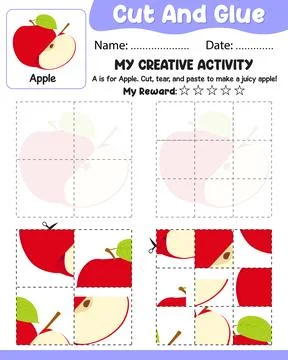 4 &amp; 9-Piece Apple Puzzle: Cut and Glue Vector Worksheet with Ref, Name, Date Stock Illustration