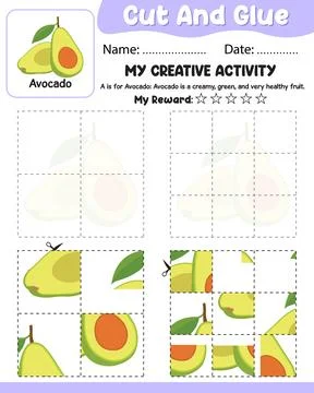4 to 9 Piece Avocado Puzzle Cut and Glue Vector Worksheet with Ref, Name Da.. Stock Illustration