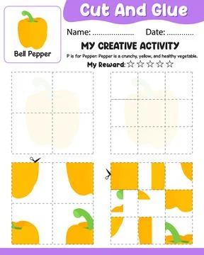 4 to 9 Piece Bell Pepper Puzzle Cut and Glue Vector Worksheet with Ref, Nam.. Stock-Illustration