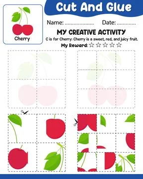 4 to 9 Piece Cherry Puzzle: Cut and Glue Vector Worksheet with Ref, Name Da.. Stock Illustration