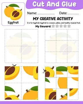 4 to 9 Piece Eggfruit Puzzle Cut and Glue Vector Worksheet with Ref, Name D.. Stock Illustration